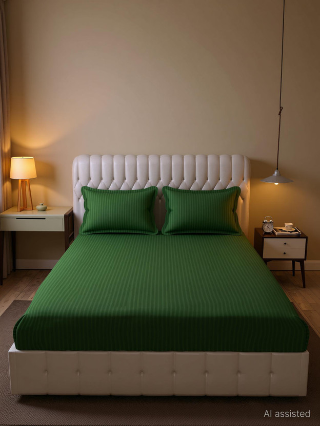 COZY QUEEN Cotton King Flat 220 TC Striped 1 Bedsheet with 2 Pillow Covers(Green)