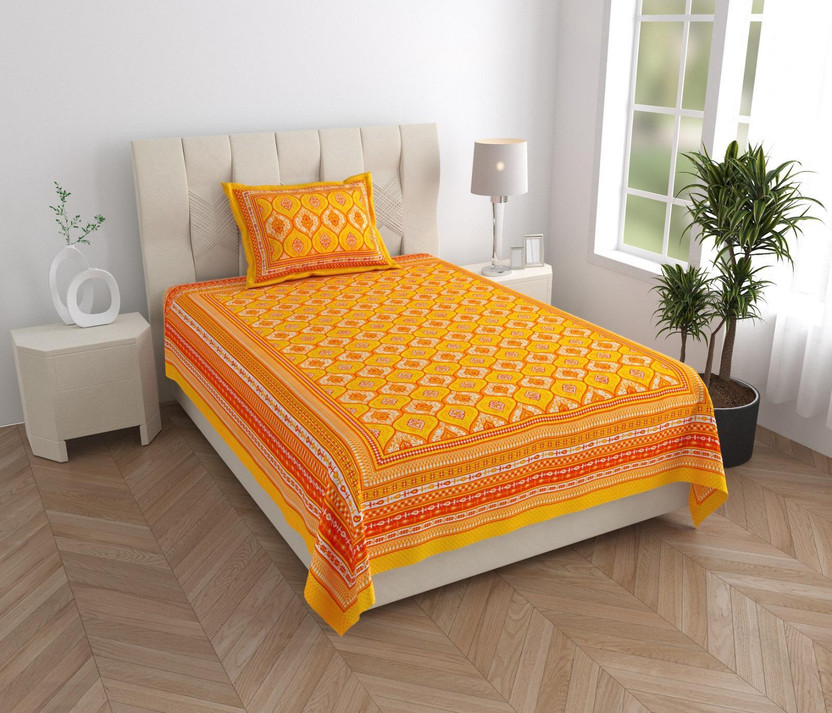 LivSpacey Cotton Single Flat 180 TC Printed 1 Summer Bedsheet with 2 Pillow Covers, 2 Cushion Covers(Yellow)