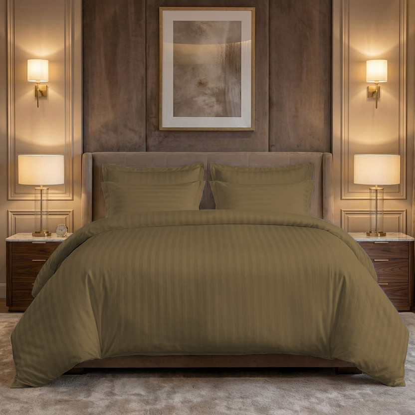 LINENWALAS Cotton Single Fitted (Elastic) 300 TC Striped 1 Bedsheet with 2 Pillow Covers(Mocha)