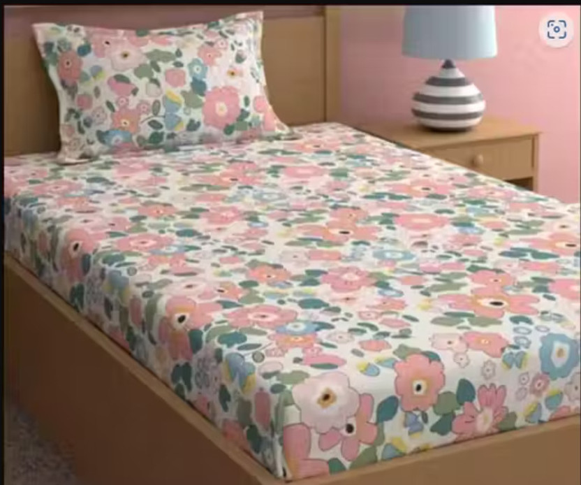 angeet Cotton Single Flat 220 TC Floral 1 Bedsheet with 2 Pillow Covers(White)