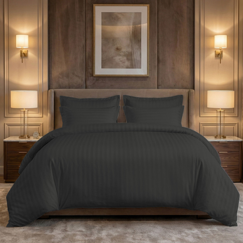LINENWALAS Cotton Single Fitted (Elastic) 300 TC Striped 1 Bedsheet with 2 Pillow Covers(Dark Grey)