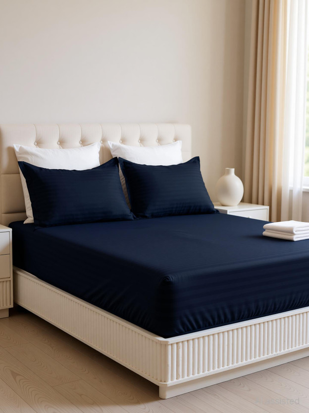 HOMEMONDE Cotton Double Fitted (Elastic) 210 TC Striped 1 Bedsheet with 2 Pillow Covers(Blue)