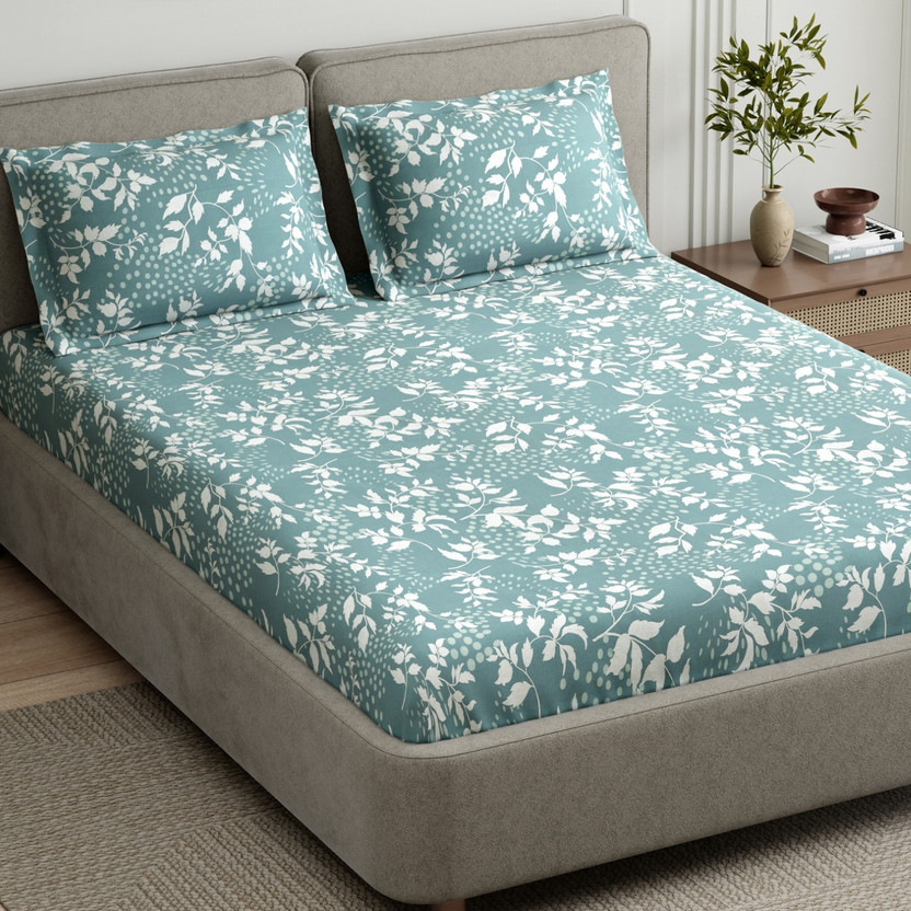 haus haus & kinder Cotton King Fitted (Elastic) 144 TC Printed 1 Summer Bedsheet with 2 Pillow Covers(Green Foliage) - Flipkart Deal