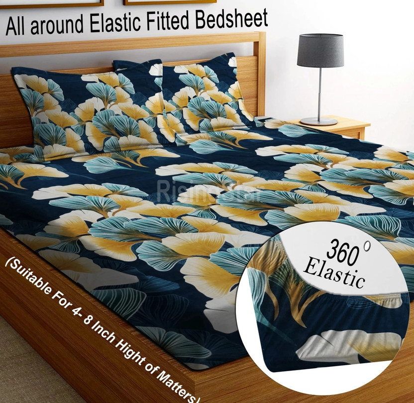 RisingStar Microfiber King Fitted (Elastic) 250 TC Floral 1 Bedsheet with 2 Pillow Covers(Fitted- Green Flowers)