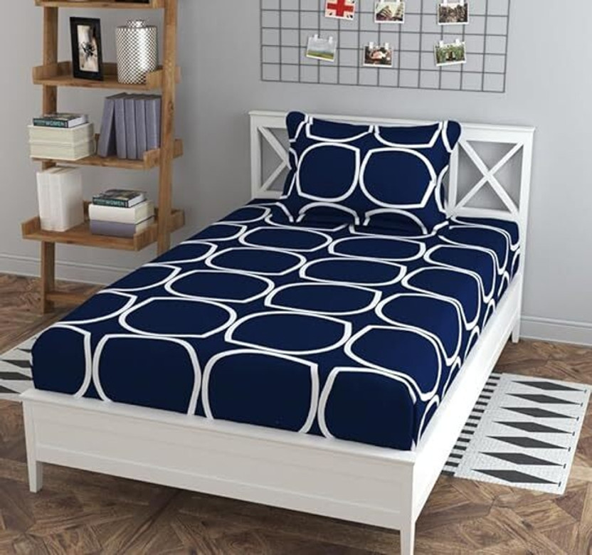 MJJ Microfiber Single Flat 210 TC Checkered 1 Bedsheet with 2 Pillow Covers(Blue)
