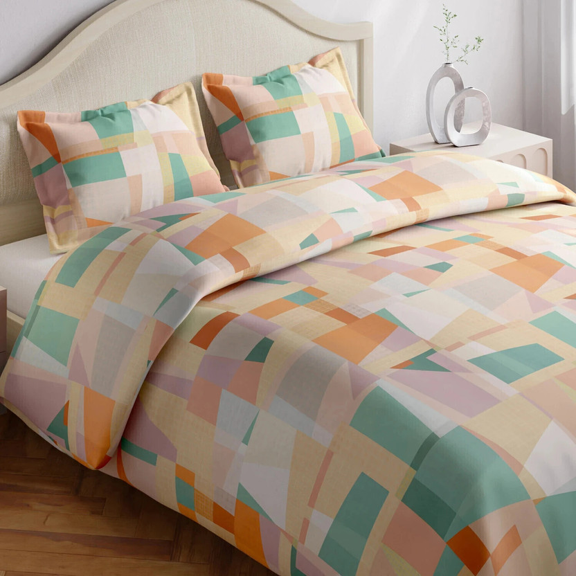 haus & kinder Cotton King Flat 144 TC Printed 1 Bedsheet with 2 Pillow Covers(Green, Multicolor)