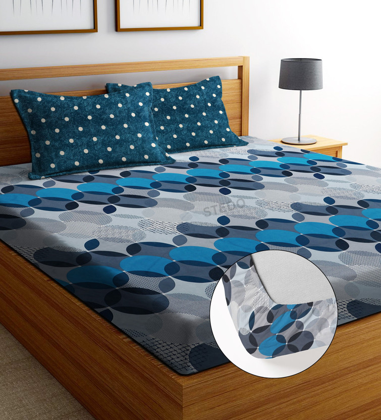 STEDO Cotton Double, King Fitted (Elastic) 250 TC Floral 1 Bedsheet with 2 Pillow Covers(Blue)