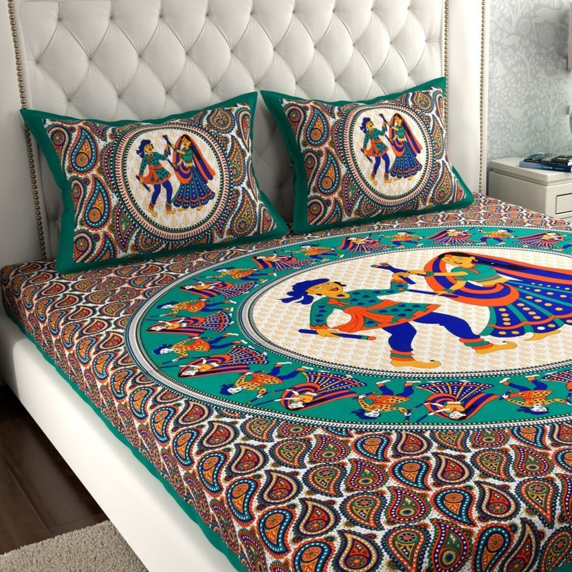Leo Creation Cotton Double Flat 144 TC Jaipuri Prints 1 Bedsheet with 2 Pillow Covers(Blue, Black, Green, Orange)