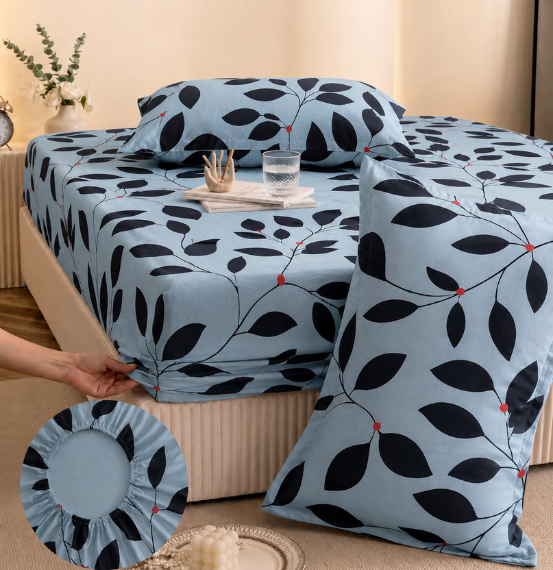 YaAkholic Cotton King Fitted (Elastic) 242 TC Printed 1 Summer Bedsheet with 2 Pillow Covers(Black, Grey)