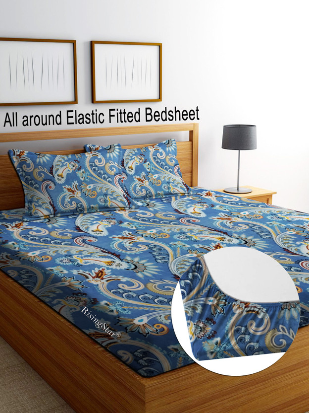 RisingStar Cotton King Fitted (Elastic) 250 TC Striped 1 Bedsheet with 2 Pillow Covers(FITTED bedsheet - Blue Floral)
