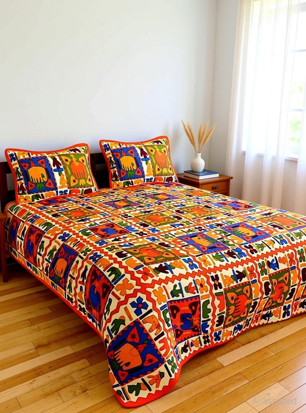 Rajasthani jaipuri Print Cotton King Flat 144 TC Printed 1 Bedsheet with 2 Pillow Covers(Orange)