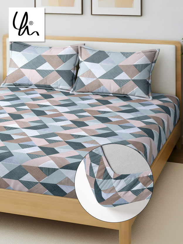 YaAkholic Microfiber Double Fitted (Elastic) 242 TC Printed 1 Bedsheet with 2 Pillow Covers(Multicolor, Teal, Beige)