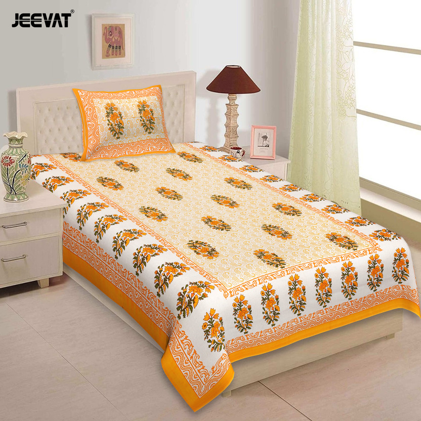 Jeevat Cotton Single Flat 144 TC Jaipuri Prints 1 Bedsheet(White, Yellow)