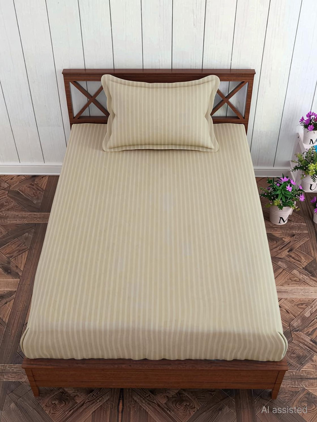ROMAN ROMAN Cotton Single Flat 300 TC Striped 1 Bedsheet with 2 Pillow Covers(Cream) - Flipkart Deal