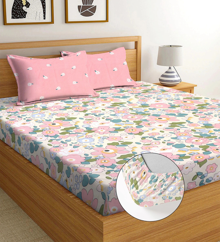 Moonroof Cotton King Fitted (Elastic) 244 TC Printed 1 Bedsheet with 2 Pillow Covers(Multicolor, Pink)