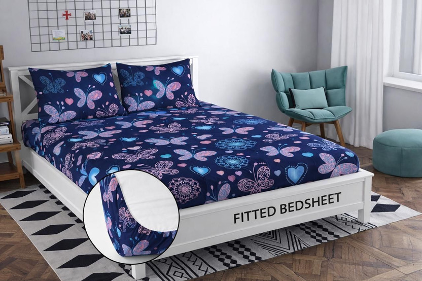 Primekart India Cotton King Fitted (Elastic) 210 TC 3D Printed 1 Summer Bedsheet with 2 Pillow Covers(Multicolor-01)