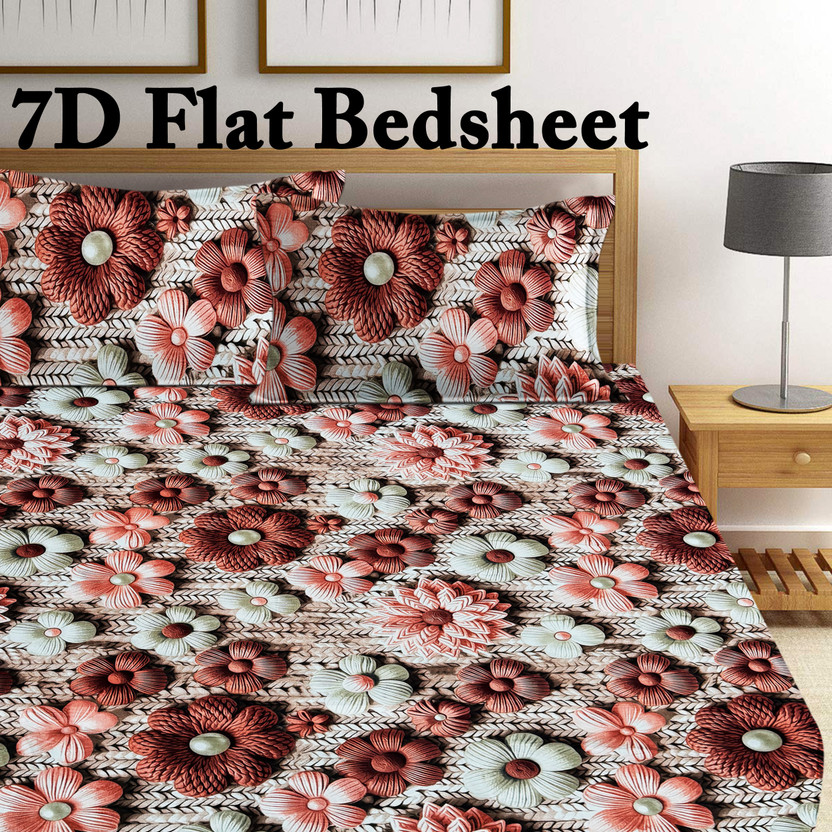 RisingStar Cotton King Flat 350 TC Printed 1 Bedsheet with 2 Pillow Covers(7D FLORAL RED,WHITE)