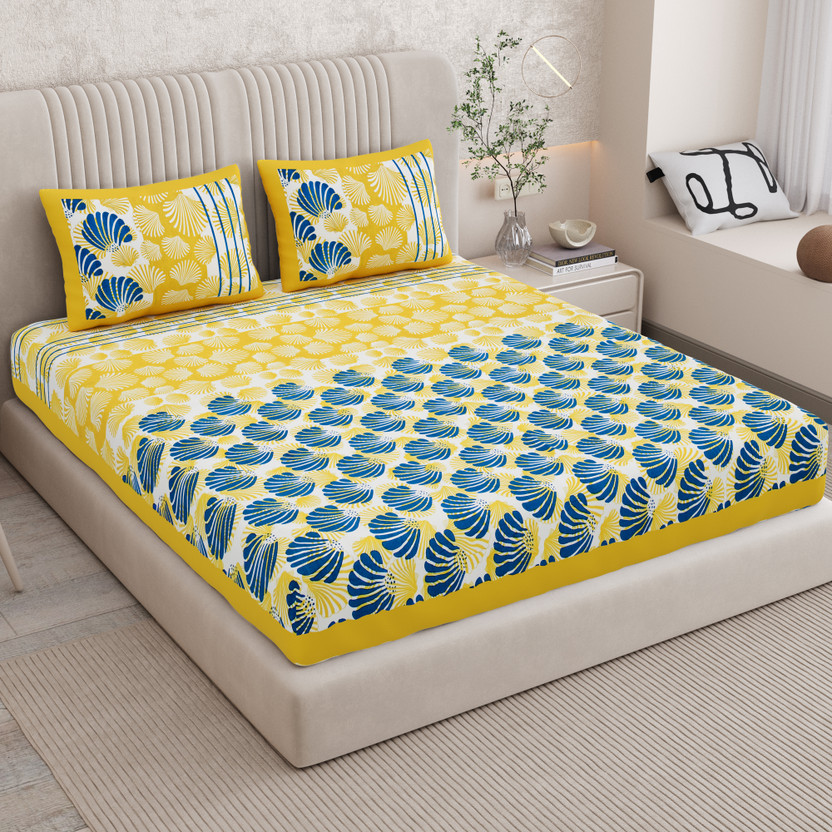 SARVOCH SARVOCH Cotton Double Flat 144 TC Jaipuri Prints 1 Bedsheet with 2 Pillow Covers(Yellowblue_1129) - Flipkart Deal
