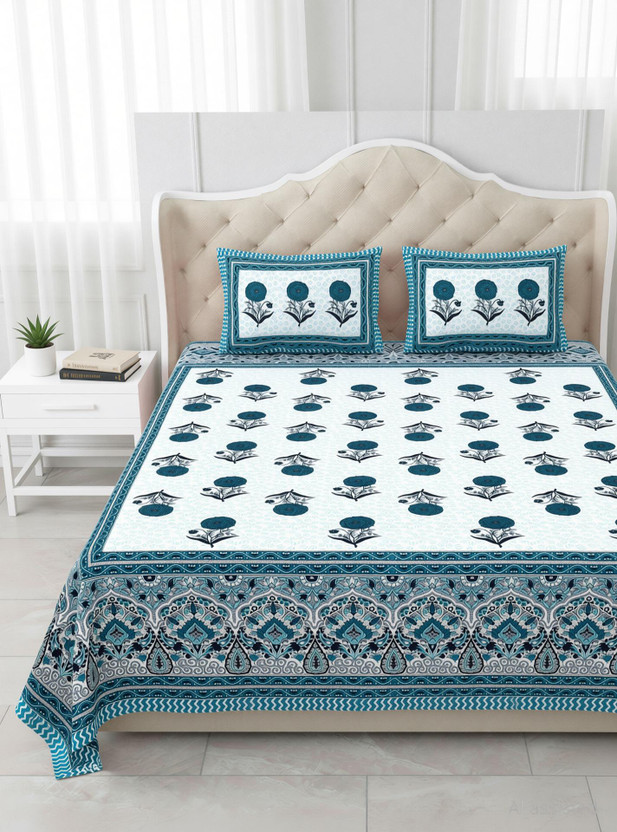 SIZAR Cotton Double, King Flat 240 TC Printed 1 Bedsheet with 2 Pillow Covers(BLUE1)