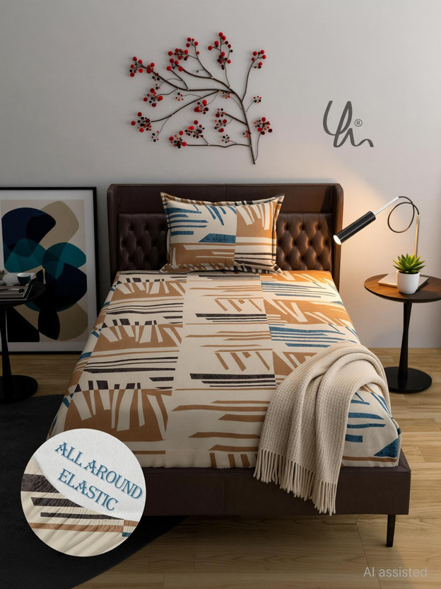 YaAkholic Cotton Single Fitted (Elastic) 400 TC Printed 1 Bedsheet with 2 Pillow Covers(Beige Bedcover)
