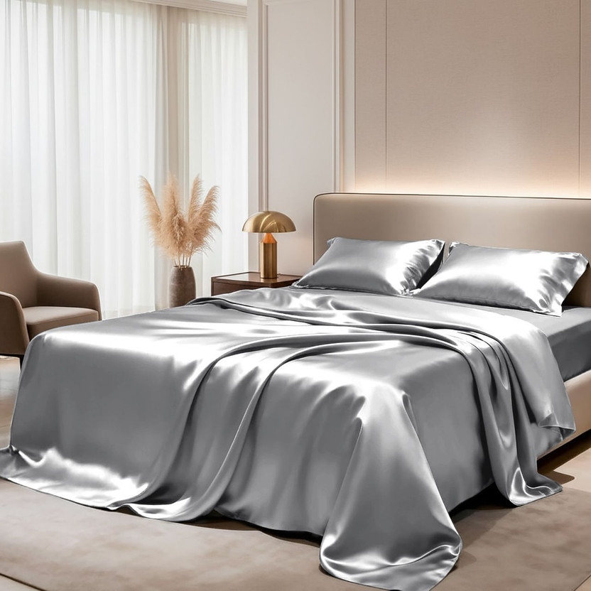 ALISHIBACASA Silk Single Flat 400 TC Solid 1 Bedsheet with 2 Pillow Covers(Silver Grey)