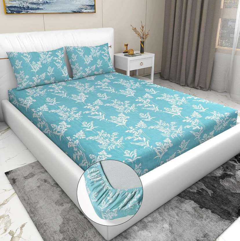 BEDORISM Cotton King Fitted (Elastic) 280 TC Printed 1 Bedsheet with 2 Pillow Covers(Aqua)