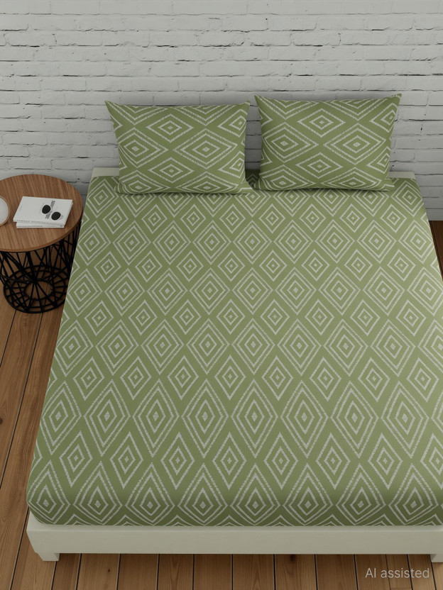 Huesland Cotton King Flat 144 TC Geometric 1 Bedsheet with 2 Pillow Covers(Sage Green)