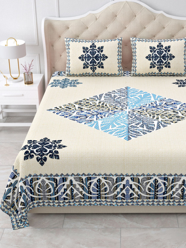 Jaipur Cotton Cotton King Flat 260 TC Printed 1 Bedsheet with 2 Pillow Covers(Multicolor)
