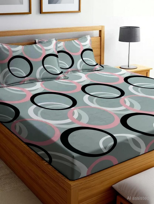 RisingStar Cotton Double Fitted (Elastic) 250 TC Printed 1 Bedsheet with 2 Pillow Covers(FITTED-ROUND-CIRCLES-PREMIUM_DOUBLE)