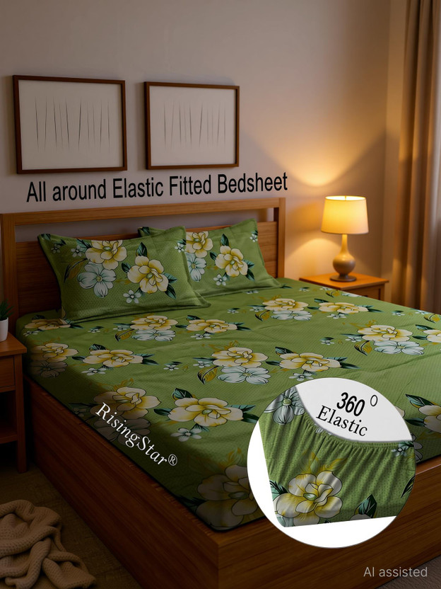 RisingStar Microfiber King Fitted (Elastic) 250 TC Floral 1 Bedsheet with 2 Pillow Covers(Fitted_Green,Yellow,Floral)