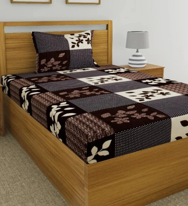 Fashion String Microfiber Single Flat 120 TC Floral 1 Bedsheet with 2 Pillow Covers(Brown)