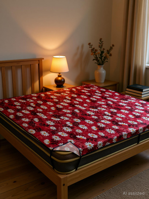 Kanushi Industries PVC Double Fitted (Elastic) 120 TC Printed 1 Bedsheet(Red)