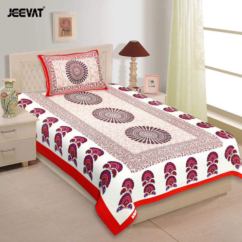 Jeevat Cotton Single Flat 144 TC Jaipuri Prints 1 Bedsheet(Red, Cream)