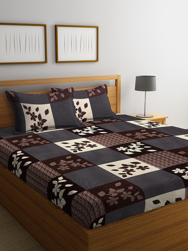 Fashion String Microfiber Double Flat 120 TC Floral 1 Bedsheet with 2 Pillow Covers(Brown)