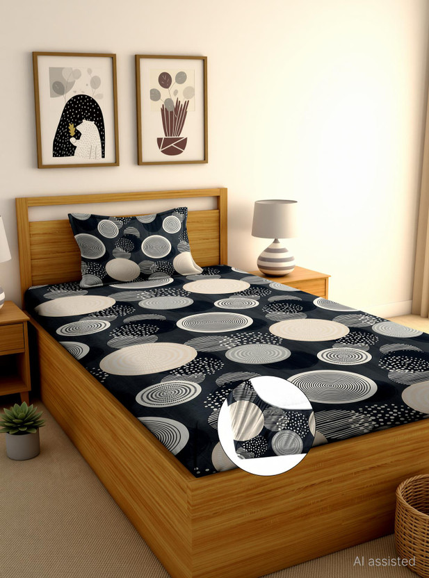 Moonroof Cotton Single Fitted (Elastic) 240 TC Printed 1 Bedsheet with 2 Pillow Covers(Grey, White, Black)