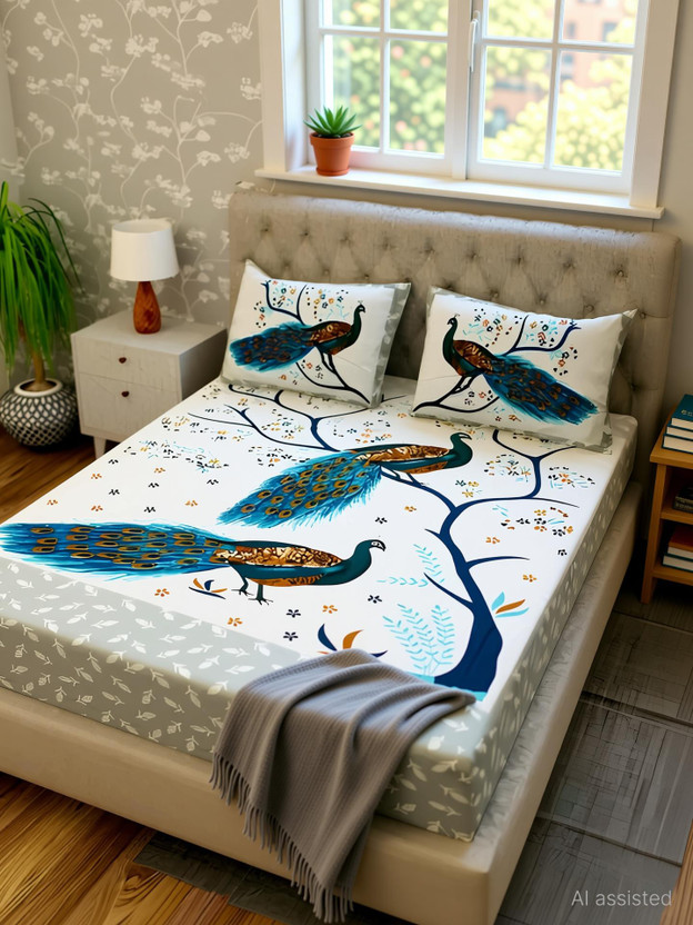 MAGICAL Cotton Double Flat 144 TC Printed 1 Bedsheet with 2 Pillow Covers(White, Grey)