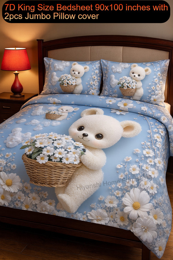 HIYANSHI HOME FURNISHING Cotton King Flat 400 TC Cartoon 1 Bedsheet with 2 Pillow Covers(Sky Blue Cartoon Beer)