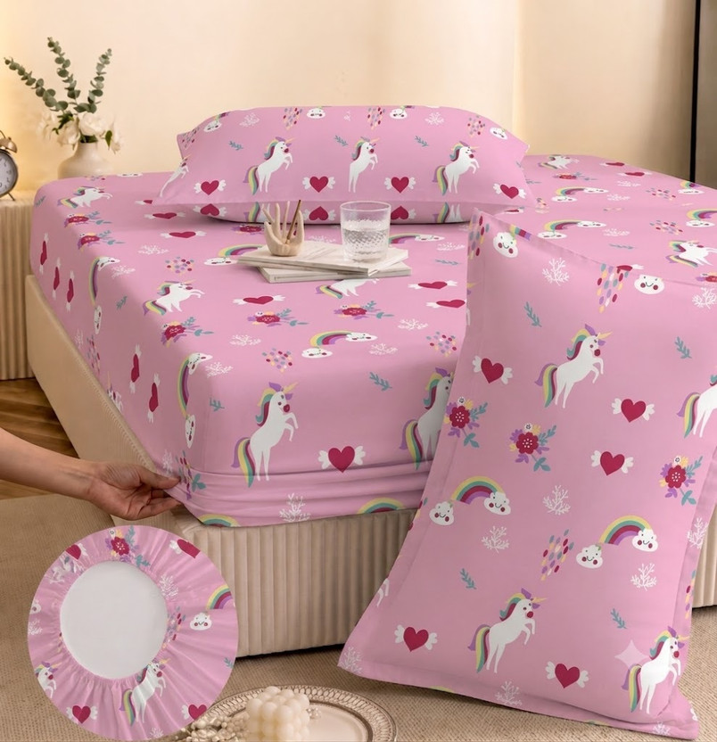 YaAkholic Cotton King Fitted (Elastic) 242 TC Printed 1 Summer Bedsheet with 2 Pillow Covers(Pink, White)
