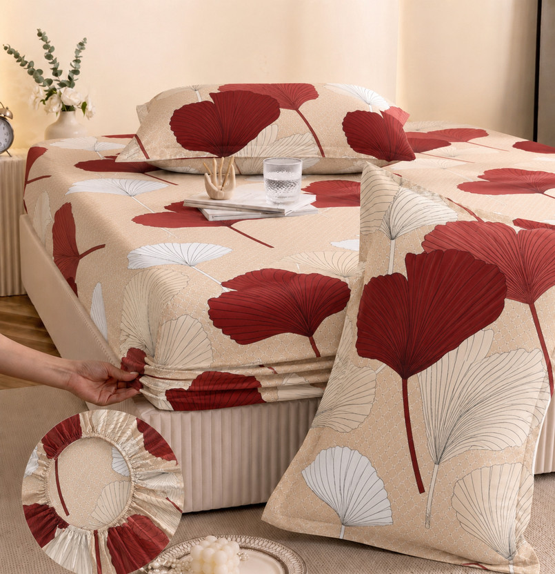 YaAkholic Cotton King Fitted (Elastic) 242 TC Printed 1 Summer Bedsheet with 2 Pillow Covers(Beige, Red)