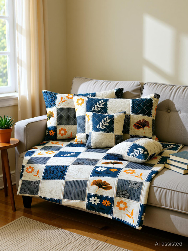 CLOVIS KRAFTS Cotton Queen Flat 240 TC Printed 1 Bedsheet with 2 Pillow Covers, 2 Cushion Covers(White)
