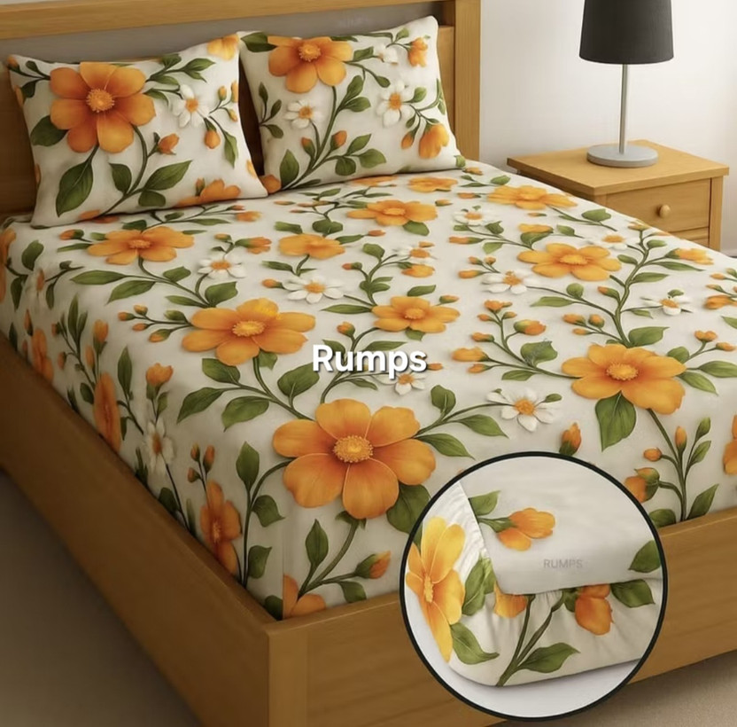 Rumps Cotton, Microfiber Double Fitted (Elastic) 350 TC Self Design 1 Bedsheet with 2 Pillow Covers(7d bedsheet)
