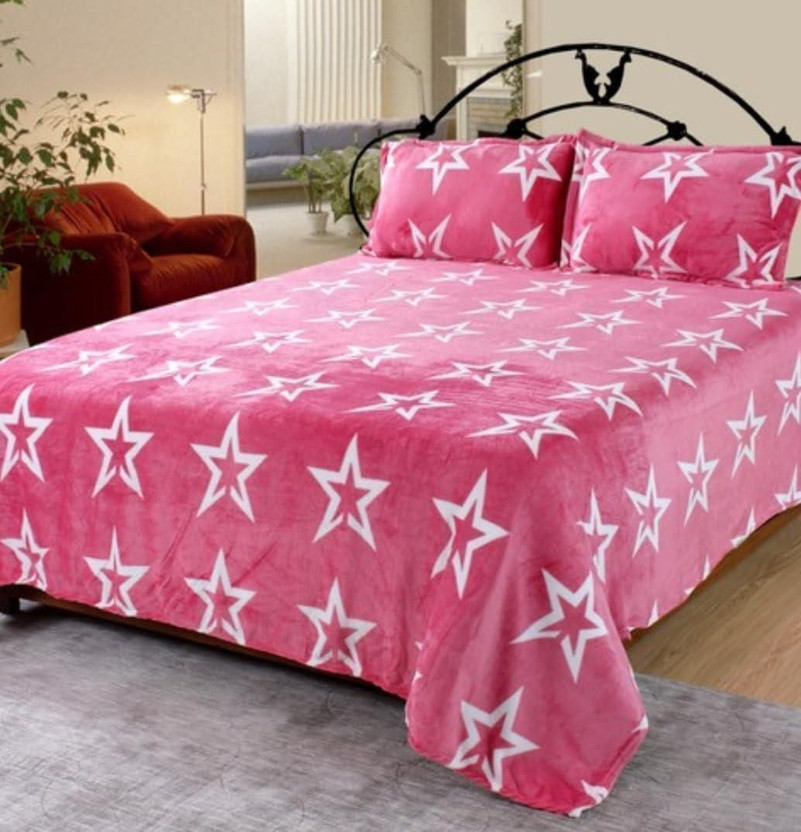 RisingStar Velvet King Fitted (Elastic) 350 TC Printed 1 Bedsheet with 2 Pillow Covers(FITTED WARAM-PINK STAR)