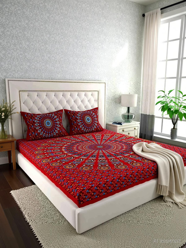Cosito Cotton Double Flat 144 TC Printed 1 Bedsheet with 2 Pillow Covers(Red)