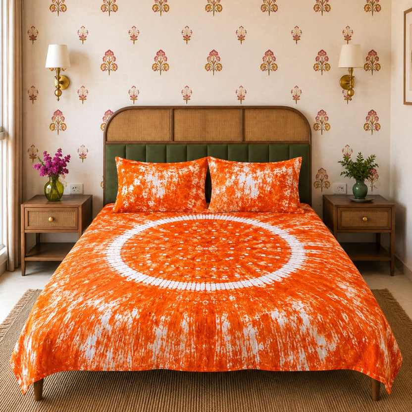 Jaipur Weaves Cotton Double Flat 144 TC Jaipuri Prints 1 Bedsheet with 2 Pillow Covers(Orange, White)