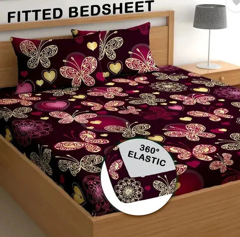 SHOPHOX Cotton Double, King Fitted (Elastic) 210 TC Printed 1 Bedsheet with 2 Pillow Covers(Pink, Multicolor)