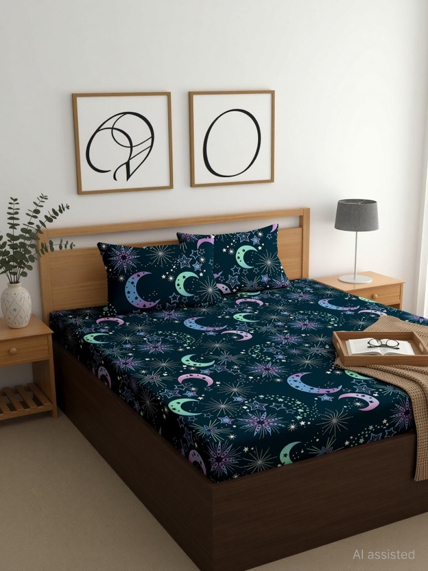 CG Homes Cotton King Fitted (Elastic) 180 TC Printed 1 Bedsheet with 2 Pillow Covers(Navy)
