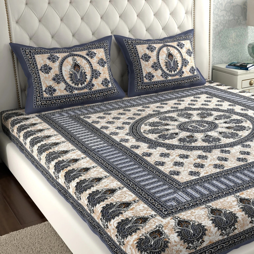 Leo Creation Cotton Double Flat 144 TC Printed 1 Bedsheet with 2 Pillow Covers(Grey, Beige)
