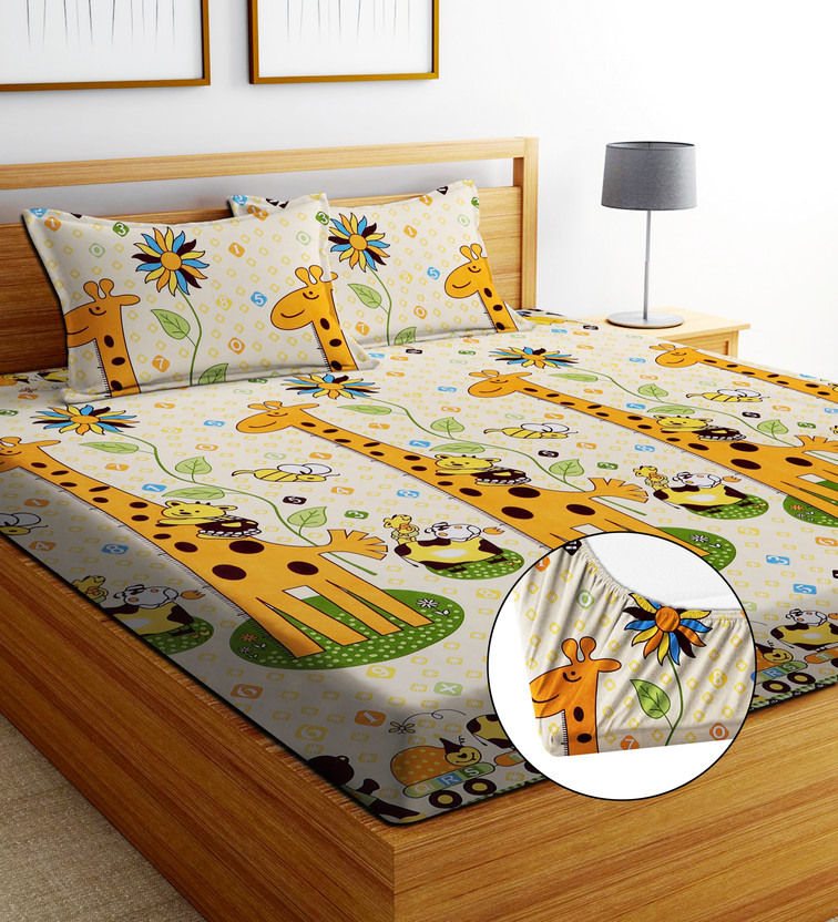 EXFAB Cotton, Microfiber King Fitted (Elastic) 244 TC Printed 1 Bedsheet with 2 Pillow Covers(karrot)
