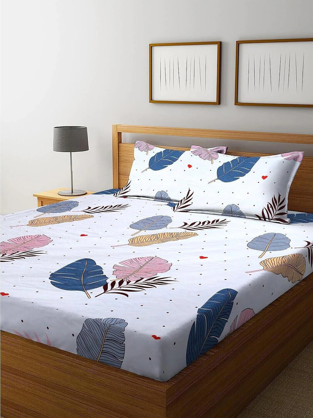 Decent Home Cotton Double Fitted (Elastic) 240 TC Floral 1 Bedsheet with 2 Pillow Covers(White)