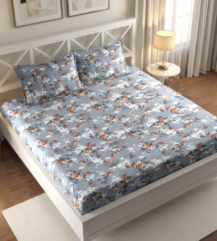 IWS Cotton Double Flat 144 TC Floral 1 Bedsheet(Grey)